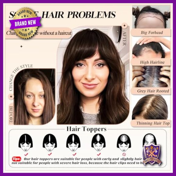 Human Hair Topper with Bangs - 150% Density Silk Base Clip-in Hairpiece